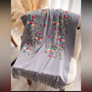 Luxury Gray Cashmere & Wool Scarf - Floral Embroidered Fringe, Brand New
